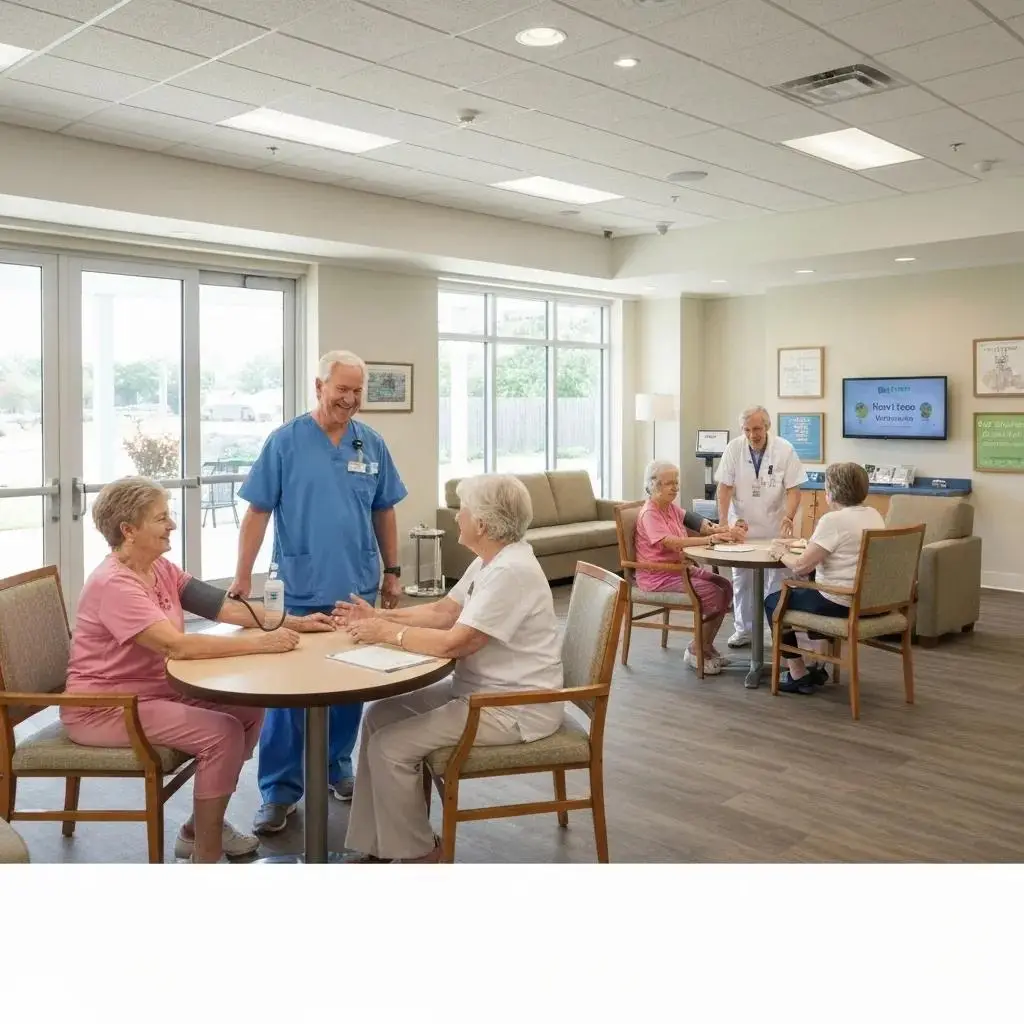 Health care center at Leisure World Seal Beach, featuring medical staff interacting with seniors, wellness activities, and supportive environment for resident health.