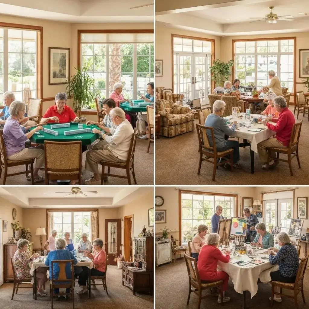 Seniors engaging in social activities at Leisure World Seal Beach clubhouses, playing games and participating in crafts, fostering community connections and vibrant lifestyle.