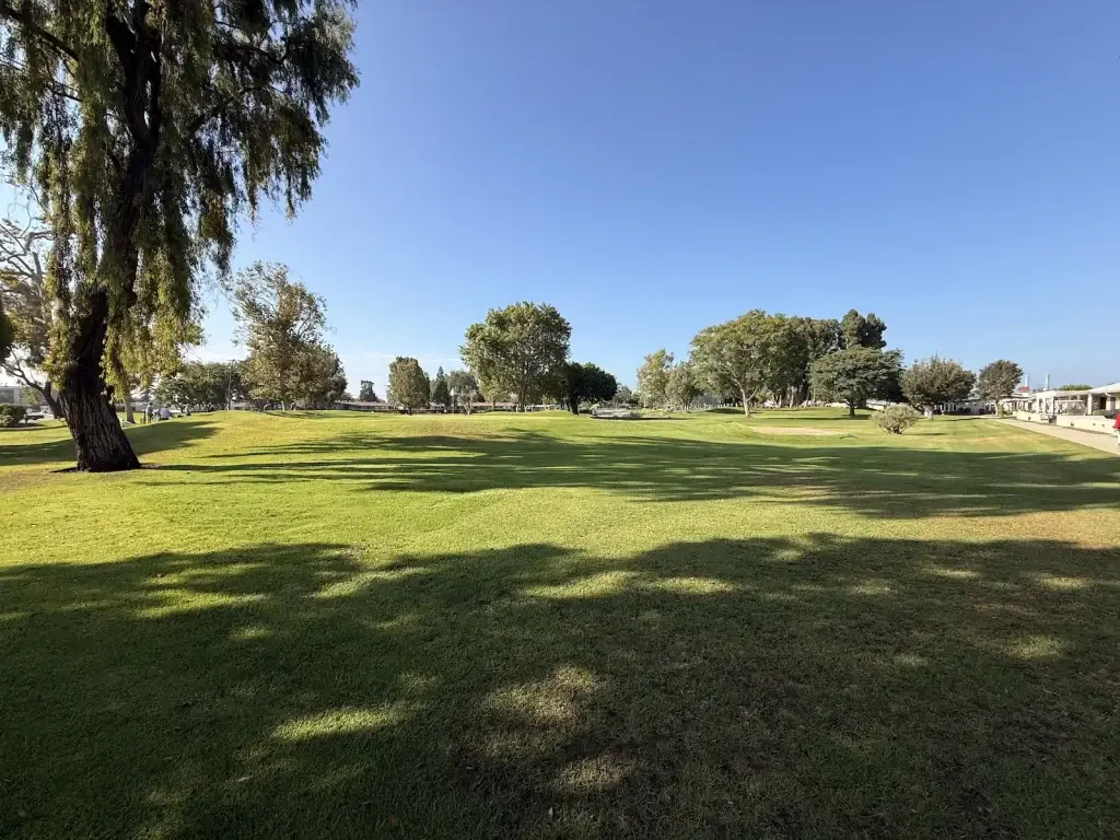 Lush green landscape in Leisure World Seal Beach, featuring shaded trees and open grassy areas, promoting a tranquil environment for residents and their pets.