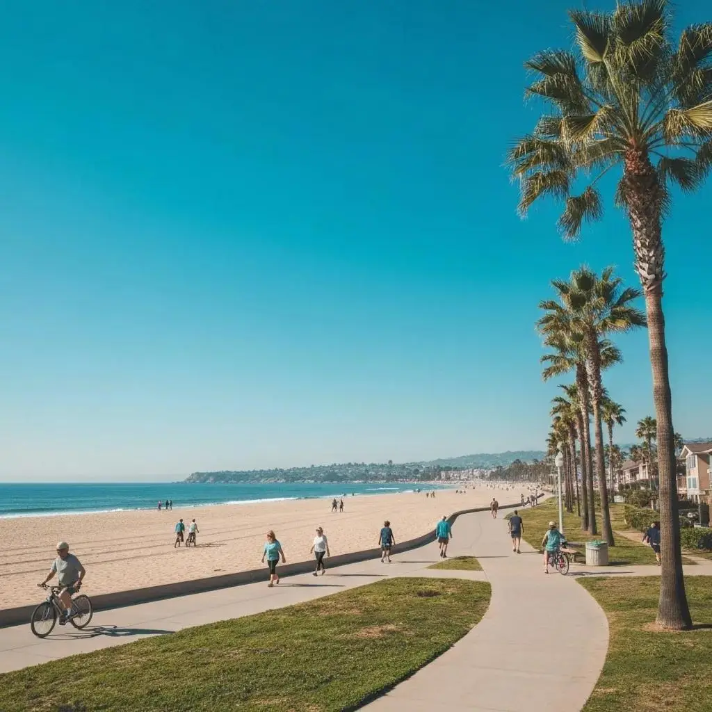 Scenic coastal pathway in Leisure World Seal Beach, featuring palm trees, beachgoers walking and biking, and ocean views, highlighting the community's active lifestyle and seaside amenities.