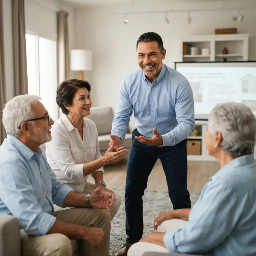 Group of seniors engaged in conversation with a real estate agent in a cozy living room setting, discussing home buying options in Leisure World Seal Beach.