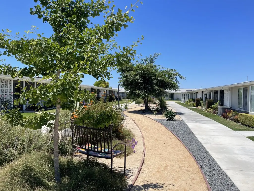 Pathway through landscaped gardens in Leisure World Seal Beach, featuring trees, colorful flowers, and residential buildings, illustrating the community's outdoor amenities and vibrant living environment.