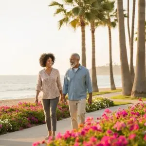 Retirees enjoying a sunny day at Leisure World Seal Beach, highlighting the community's coastal lifestyle