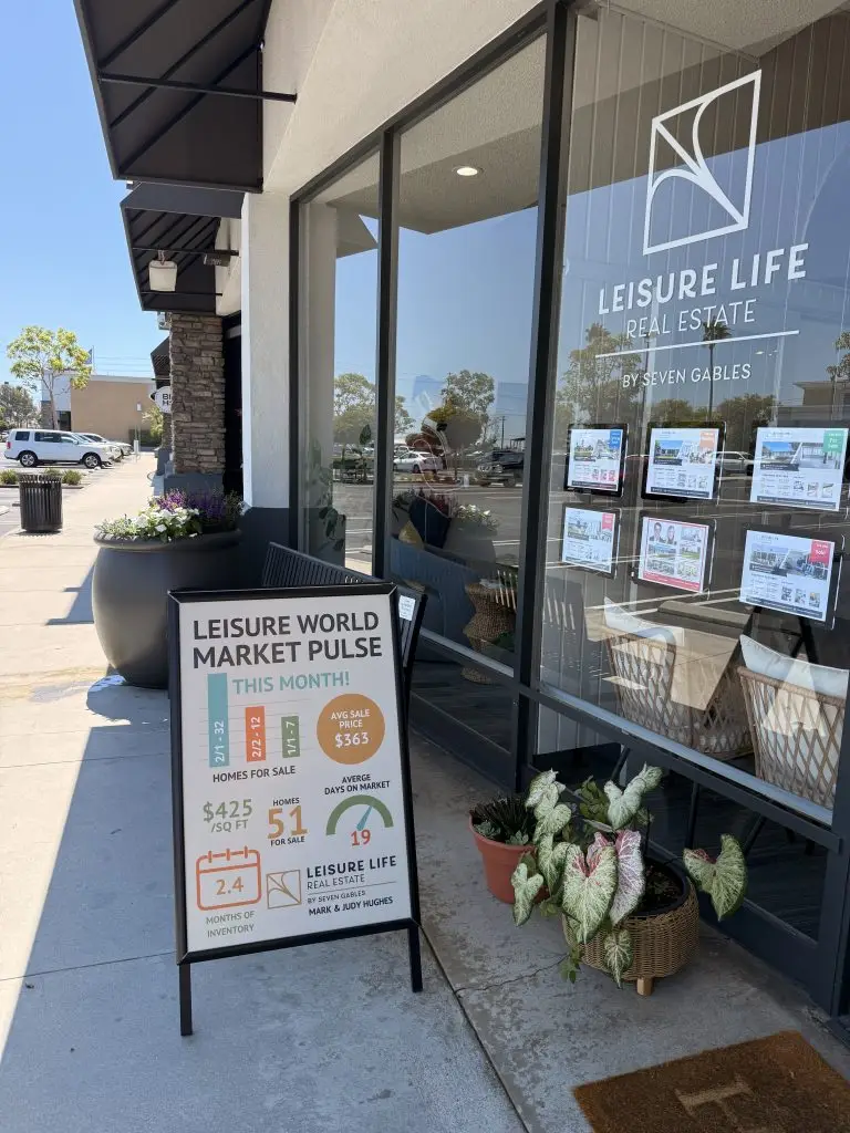 Leisure Life Real Estate storefront in Leisure World, featuring a market pulse sign with statistics on homes for sale, average sale price, and inventory, emphasizing the local real estate dynamics for buyers and sellers.