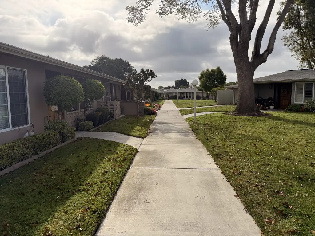 Sidewalk pathway lined with residential homes in Leisure World Seal Beach, featuring well-maintained lawns and greenery, illustrating the community's inviting atmosphere for potential buyers.