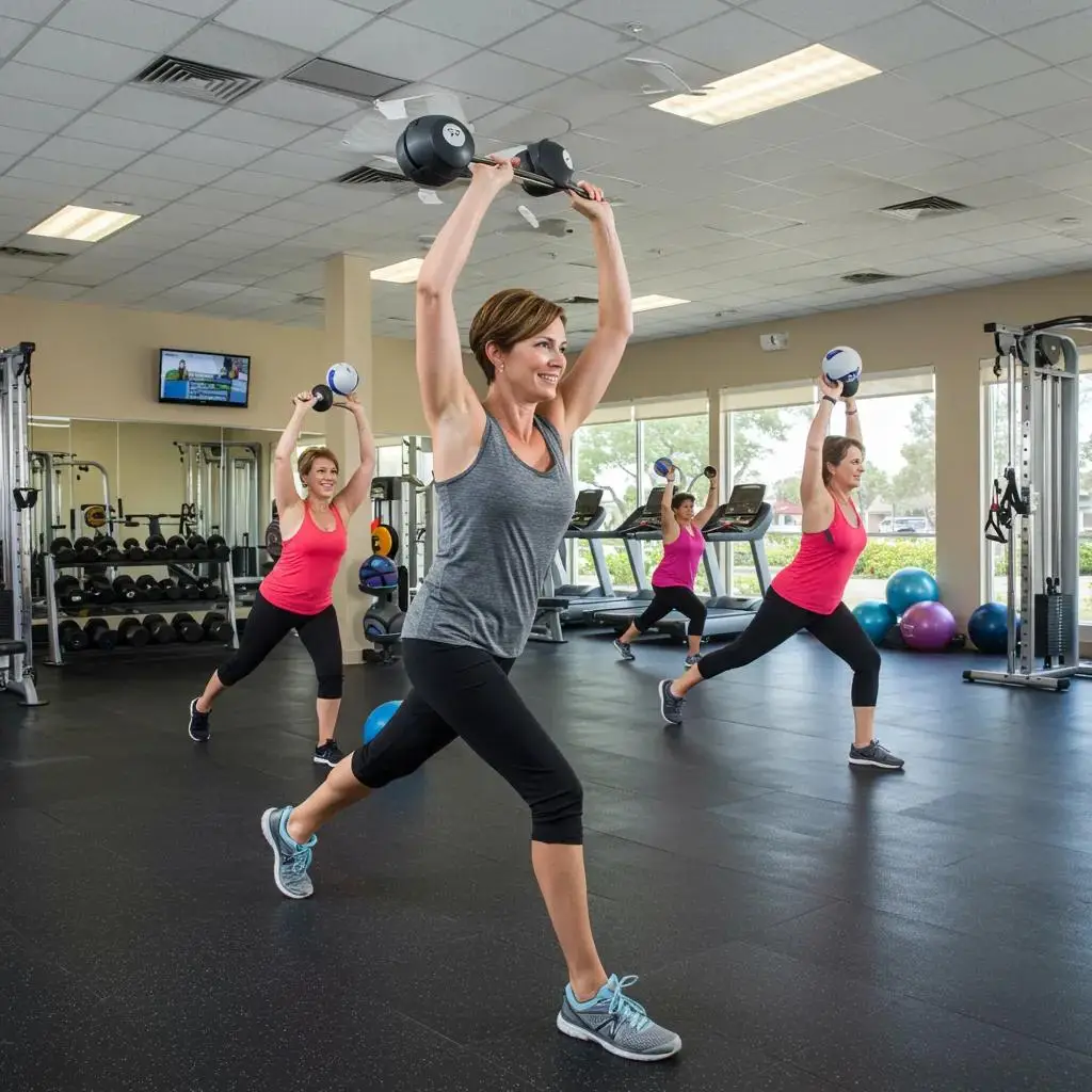 Active adults participating in a group fitness class at Leisure World Seal Beach's modern and well-equipped fitness center, emphasizing health and vitality