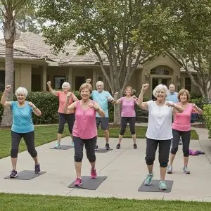 Active seniors enjoying community fitness activities in a vibrant outdoor setting