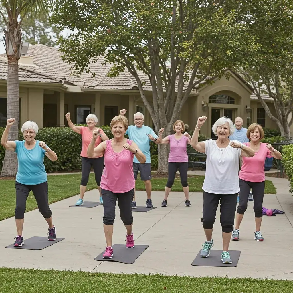Active seniors participating in community fitness activities outdoors at Leisure World Seal Beach, showcasing a vibrant and engaging lifestyle.