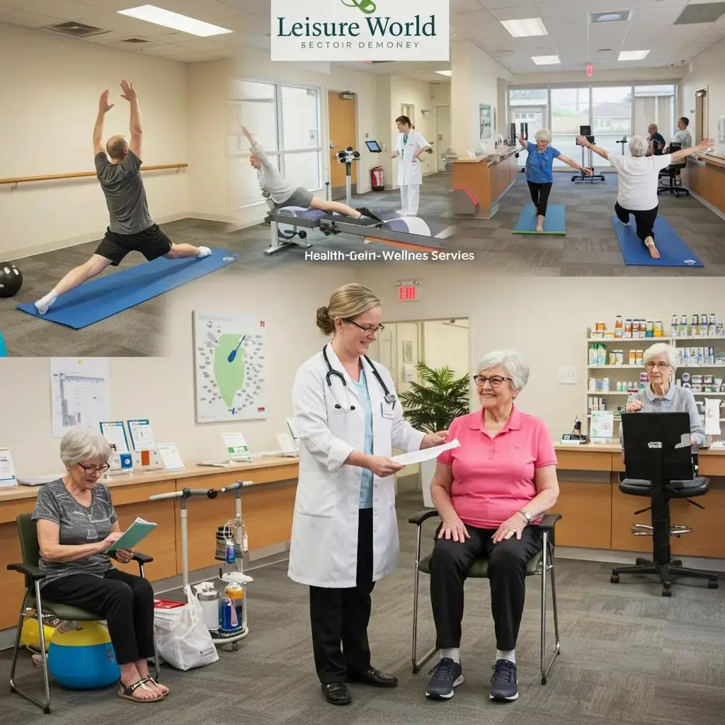 Health and wellness services at Leisure World, featuring fitness activities, yoga sessions, and medical consultations for seniors, promoting active living and comprehensive care.