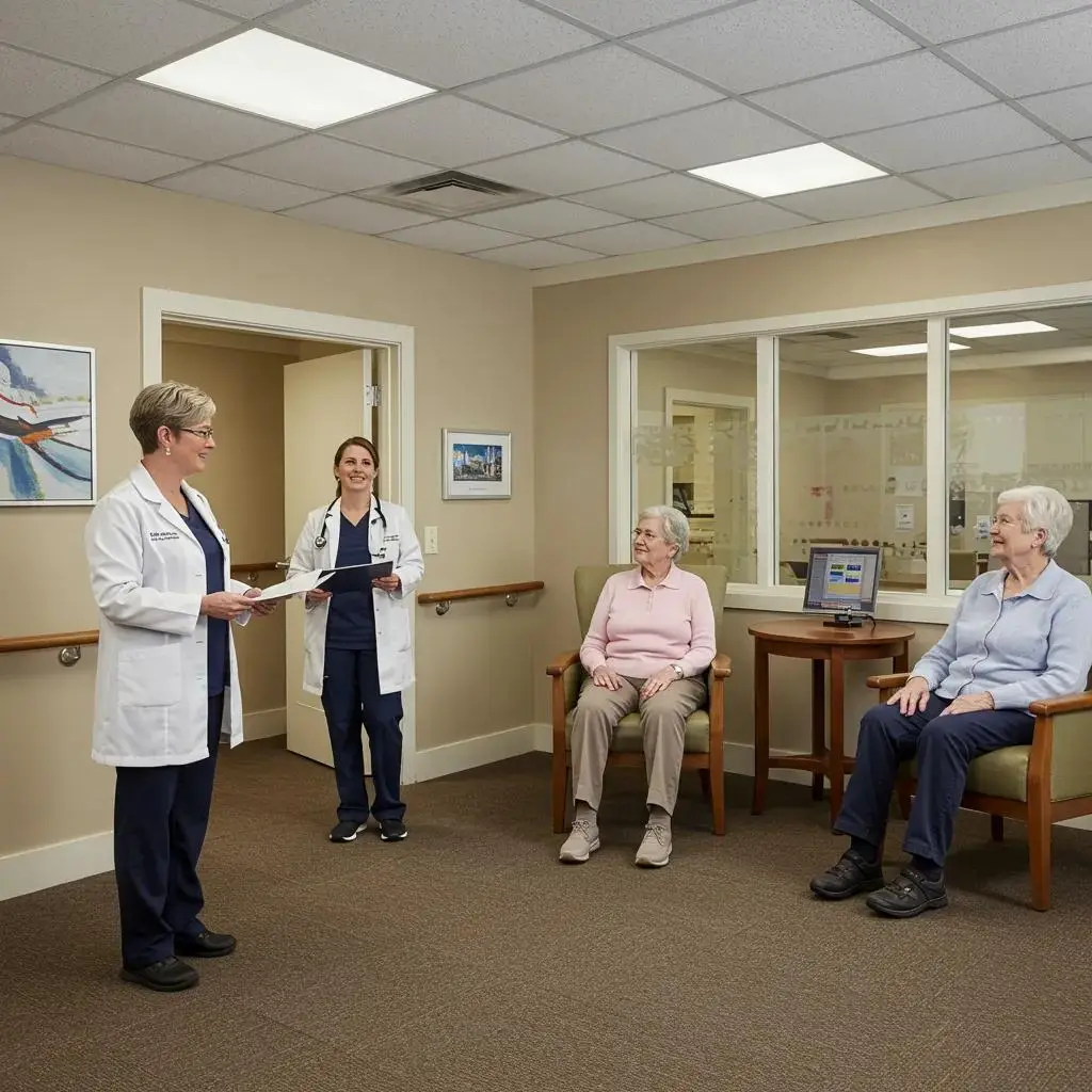 Healthcare professionals assisting seniors in on-site healthcare center at Leisure World Seal Beach, showcasing personalized medical care and support for active 55+ residents.