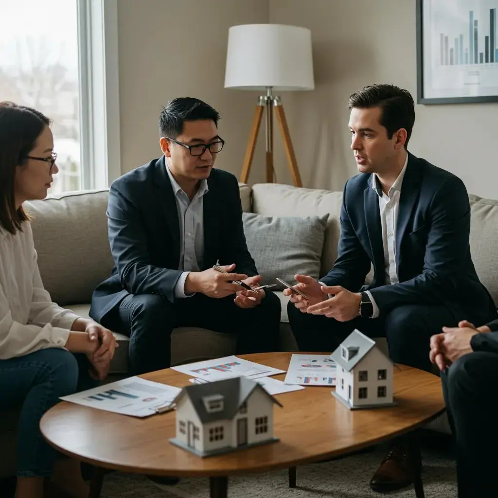 Real estate agents discussing home prices with buyers in a cozy living room, featuring documents and model houses on the table, reflecting the Leisure World Seal Beach housing market context.