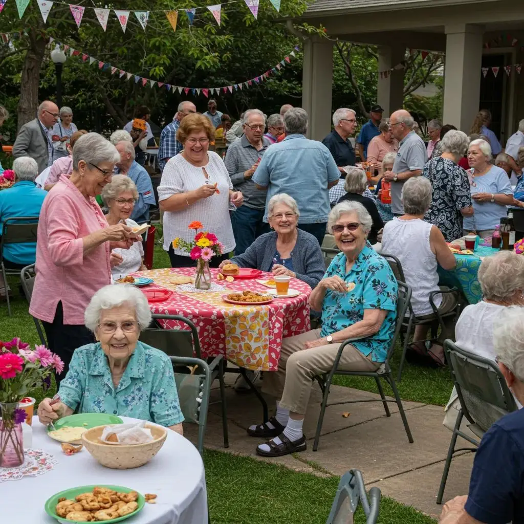 Residents enjoying a festive outdoor picnic, fostering social connections in a vibrant community setting with colorful tablecloths, flowers, and shared meals.