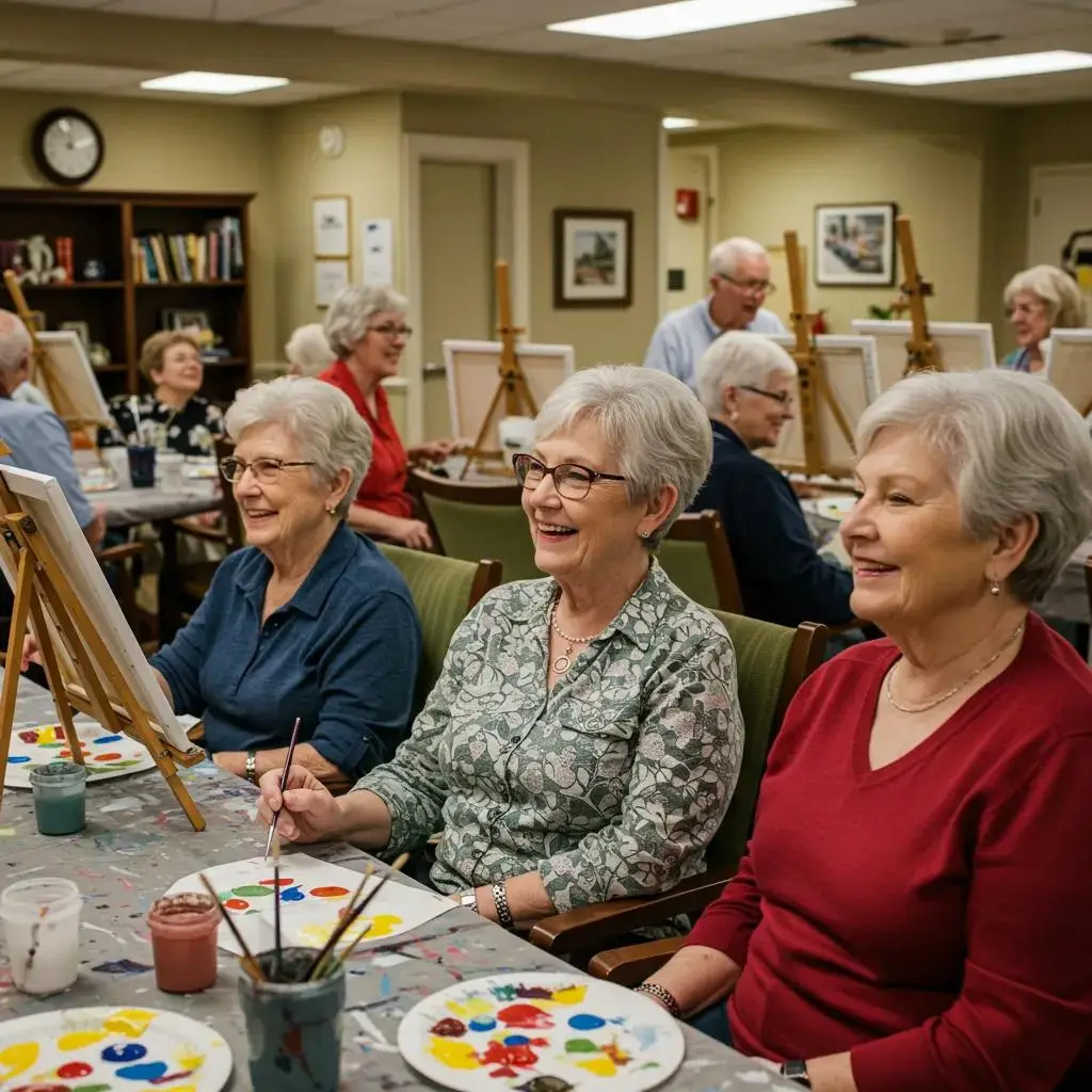 Seniors engaged in a painting class at Leisure World Seal Beach, showcasing community involvement and social interaction among residents.