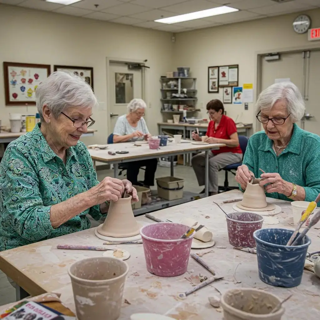 Seniors engaged in a ceramics class at Leisure World Seal Beach, highlighting the arts and crafts opportunities available