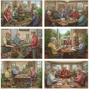 Seniors engaging in social activities at Leisure World, highlighting community life and creativity