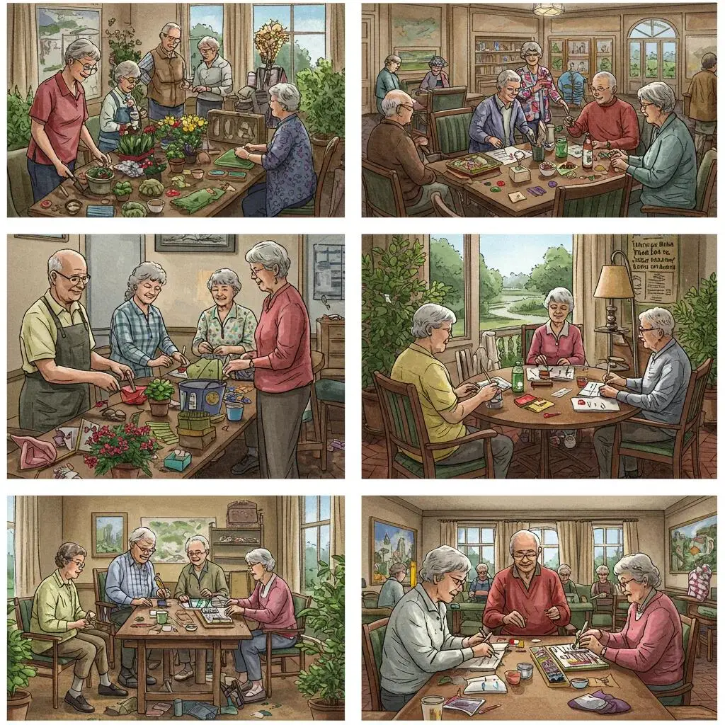 Seniors engaging in social activities at Leisure World, highlighting community life and creativity