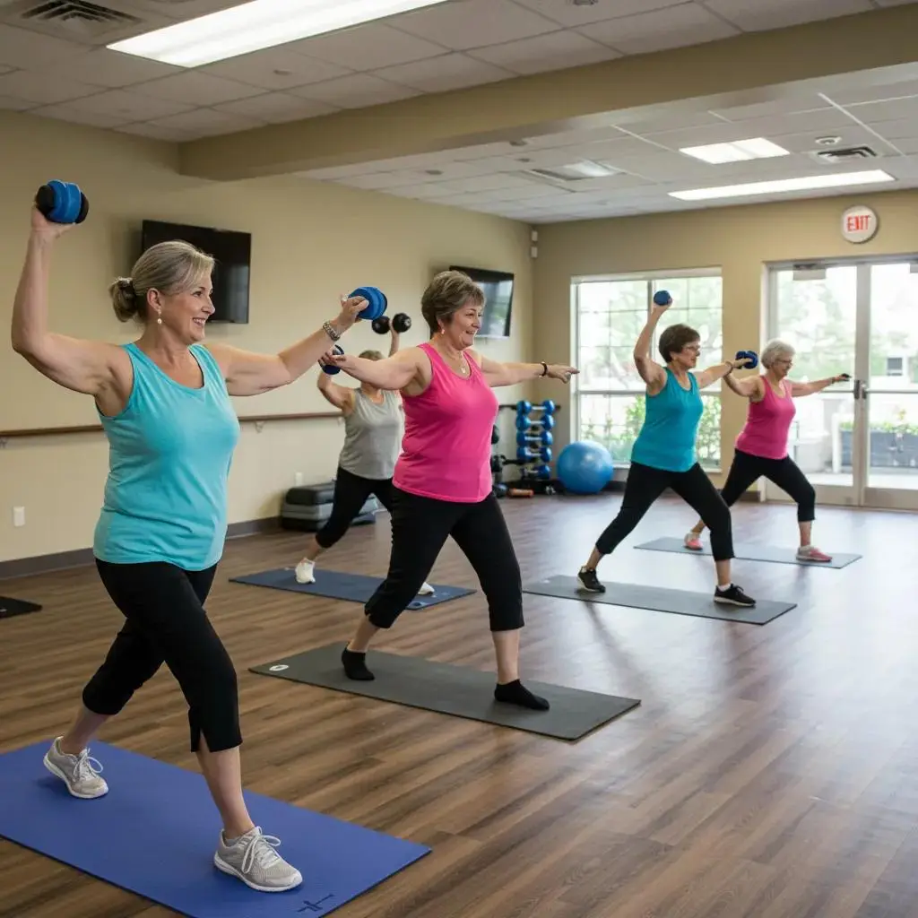 Seniors participating in a fitness class at Leisure World Seal Beach, emphasizing wellness and active living