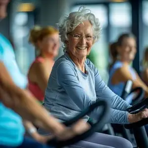 Seniors taking part in a fitness class using adaptive equipment