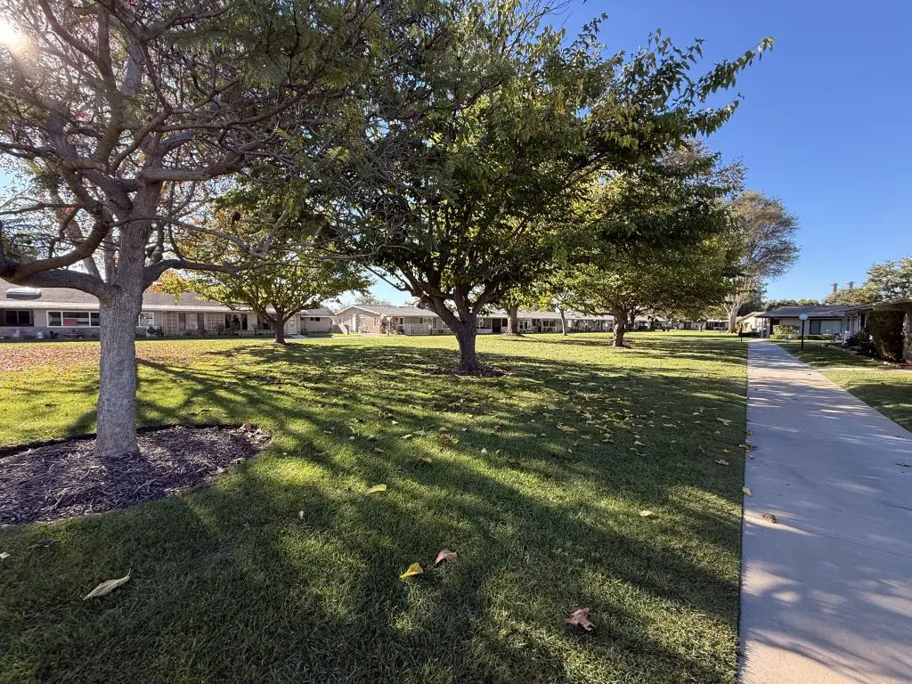 Lush green lawn and shaded pathways in Leisure World Seal Beach, showcasing cooperative community living with residential buildings in the background.