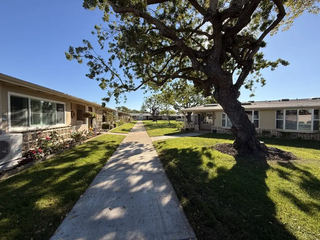 Pathway through Leisure World Seal Beach, lined with residential buildings and greenery, showcasing a serene environment for active 55+ community living.