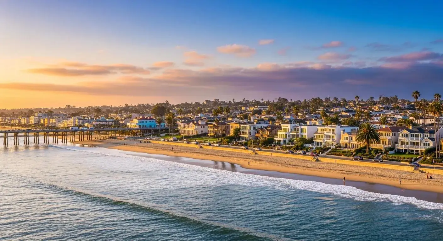 Coastal view of Leisure World Seal Beach, showcasing beachfront homes and palm trees under a sunset sky, relevant to home prices in a 55+ community.