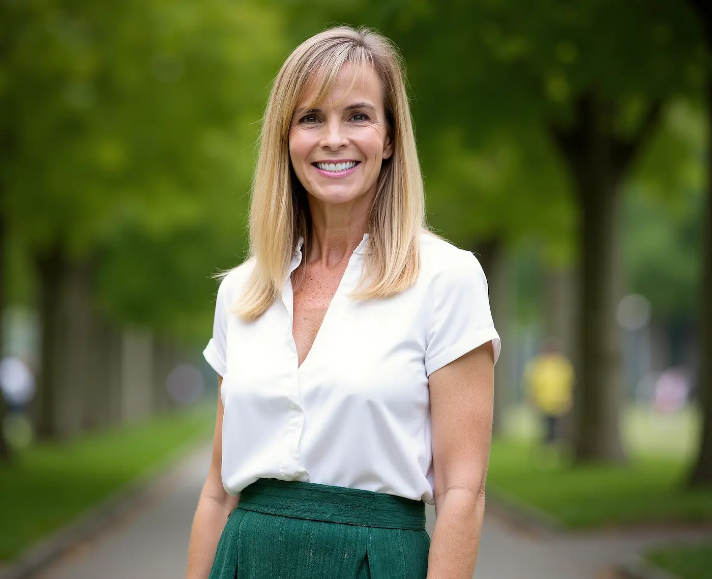 Judy Hughes, Leisure World real estate specialist and home staging expert, smiling outdoors in a green setting, showcasing her professional image for the 55+ housing market.