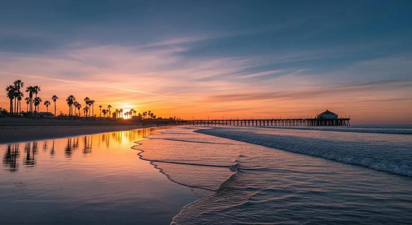Sunset over Seal Beach with palm trees and a pier, reflecting vibrant colors on the water, representing community events and leisure activities for seniors.