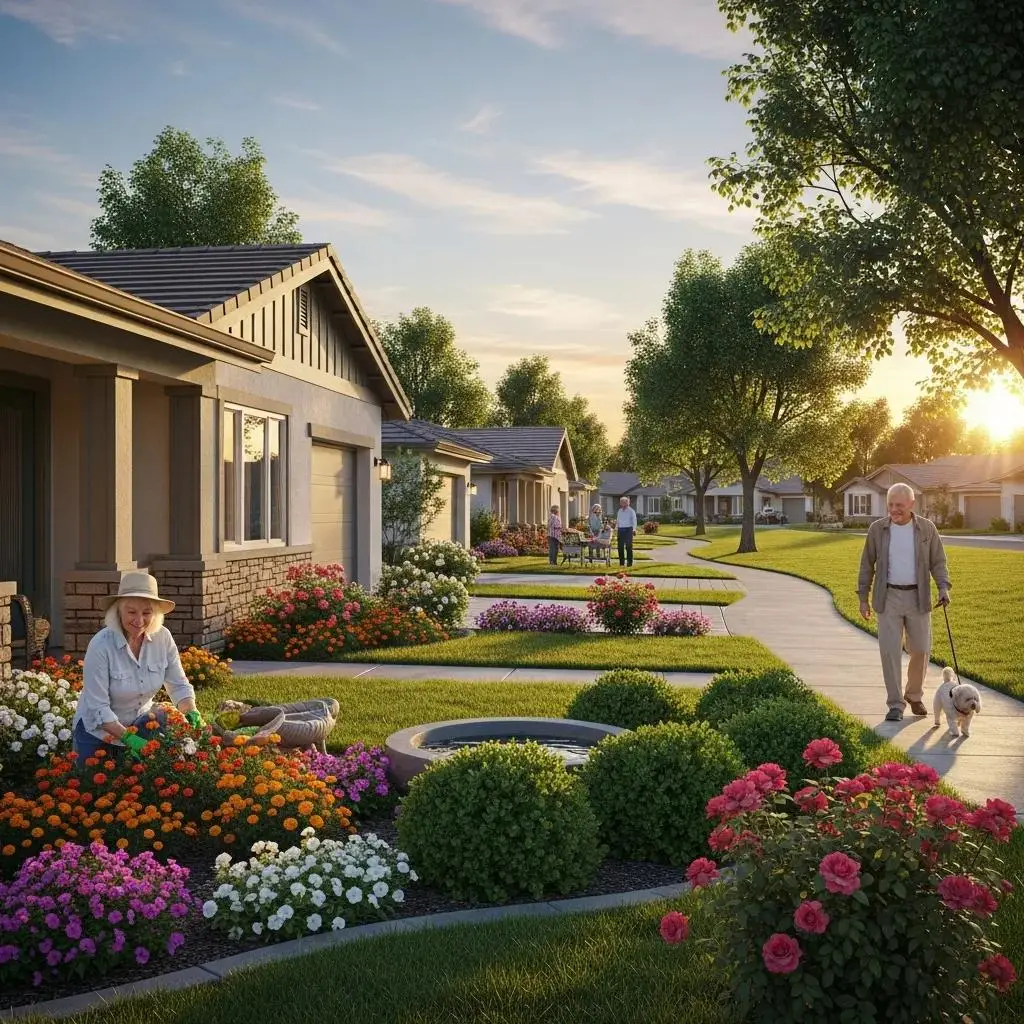 Coastal 55+ community home with neighbors enjoying outdoor activities