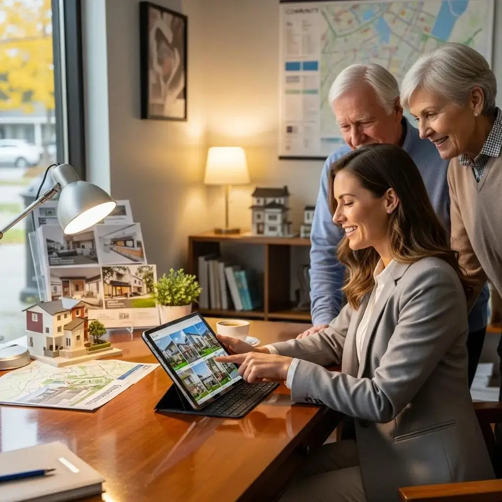 Agent guiding a senior couple through property listings in a welcoming office