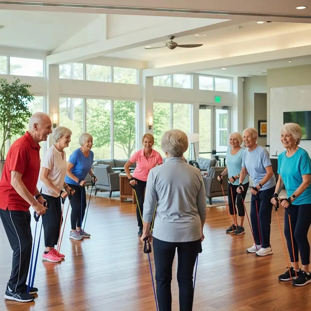 Seniors participating in a fitness class using resistance bands in a bright, welcoming community center at Leisure World Seal Beach, promoting active lifestyle and social engagement.