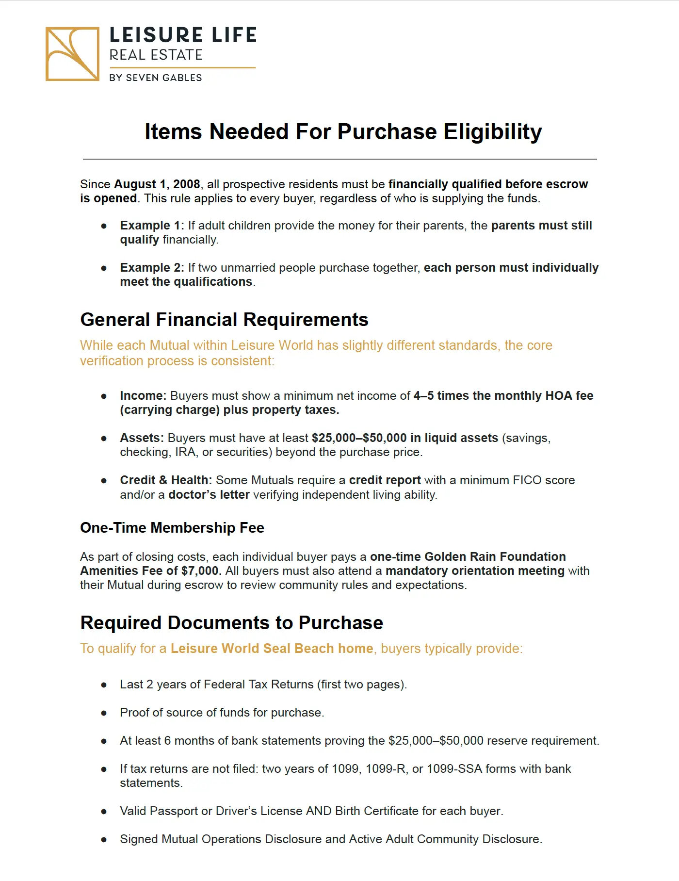 Items needed for purchase eligibility in Leisure World Seal Beach, including financial requirements and required documents for prospective buyers.