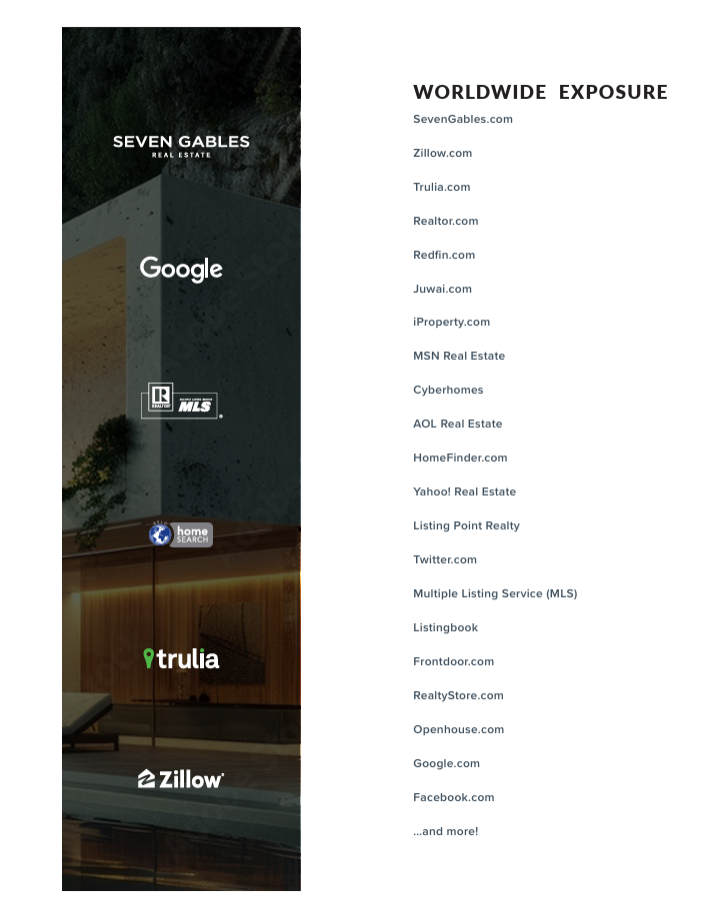 Worldwide real estate exposure and syndication to Zillow, Realtor.com, Google and MLS listing websites.