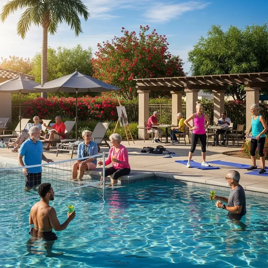 Active adults enjoying a vibrant lifestyle in a 55+ community with amenities
