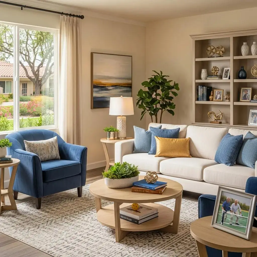 Cozy living room in a 55+ community home, showcasing comfort and community lifestyle