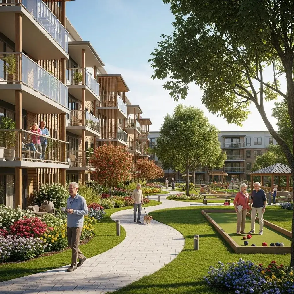 Modern condominium complex for active adults, featuring landscaped gardens, walking paths, and residents engaging in leisure activities, highlighting community lifestyle and accessibility.