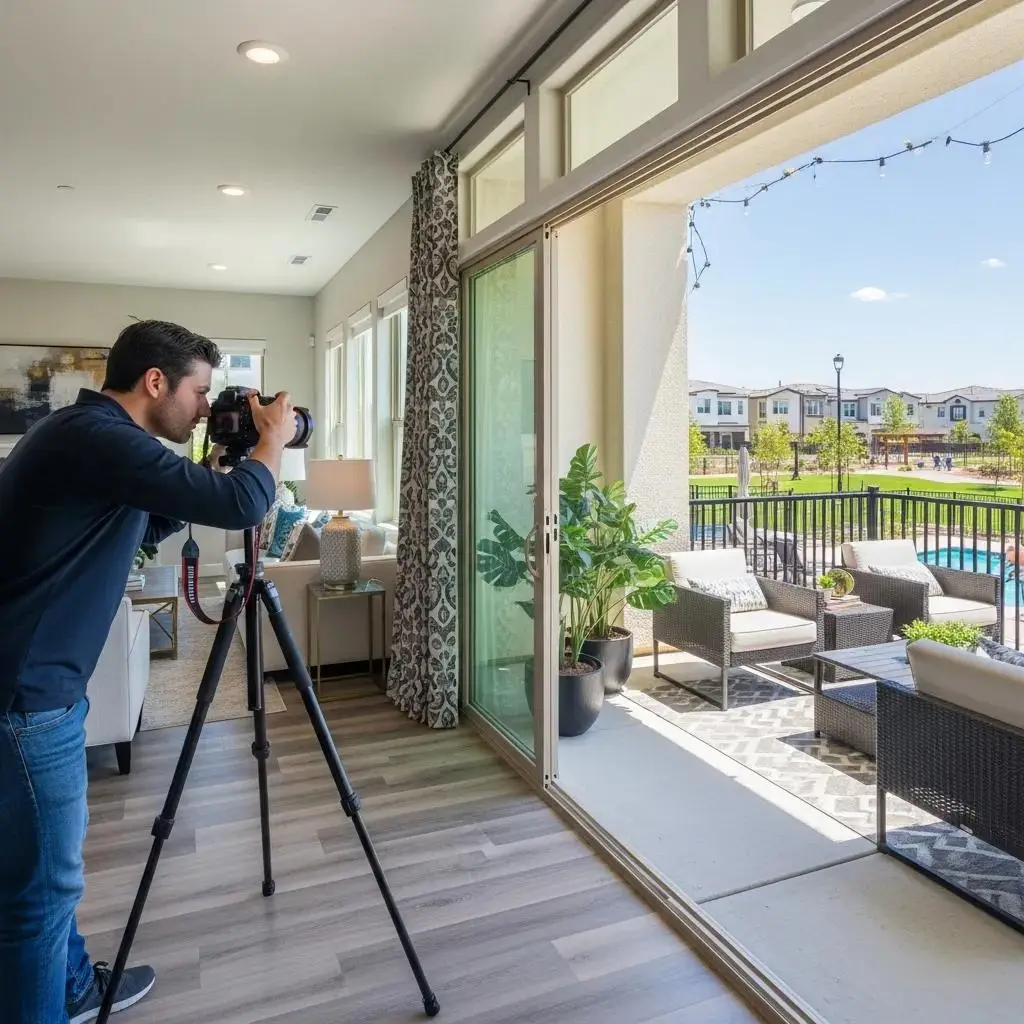 Photographer shooting a staged Leisure World home to showcase lifestyle and curb appeal