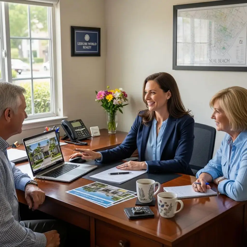 Real estate agent assisting clients in a consultation, discussing the selling process with a laptop displaying a property image, in a professional office setting at Leisure World Seal Beach.