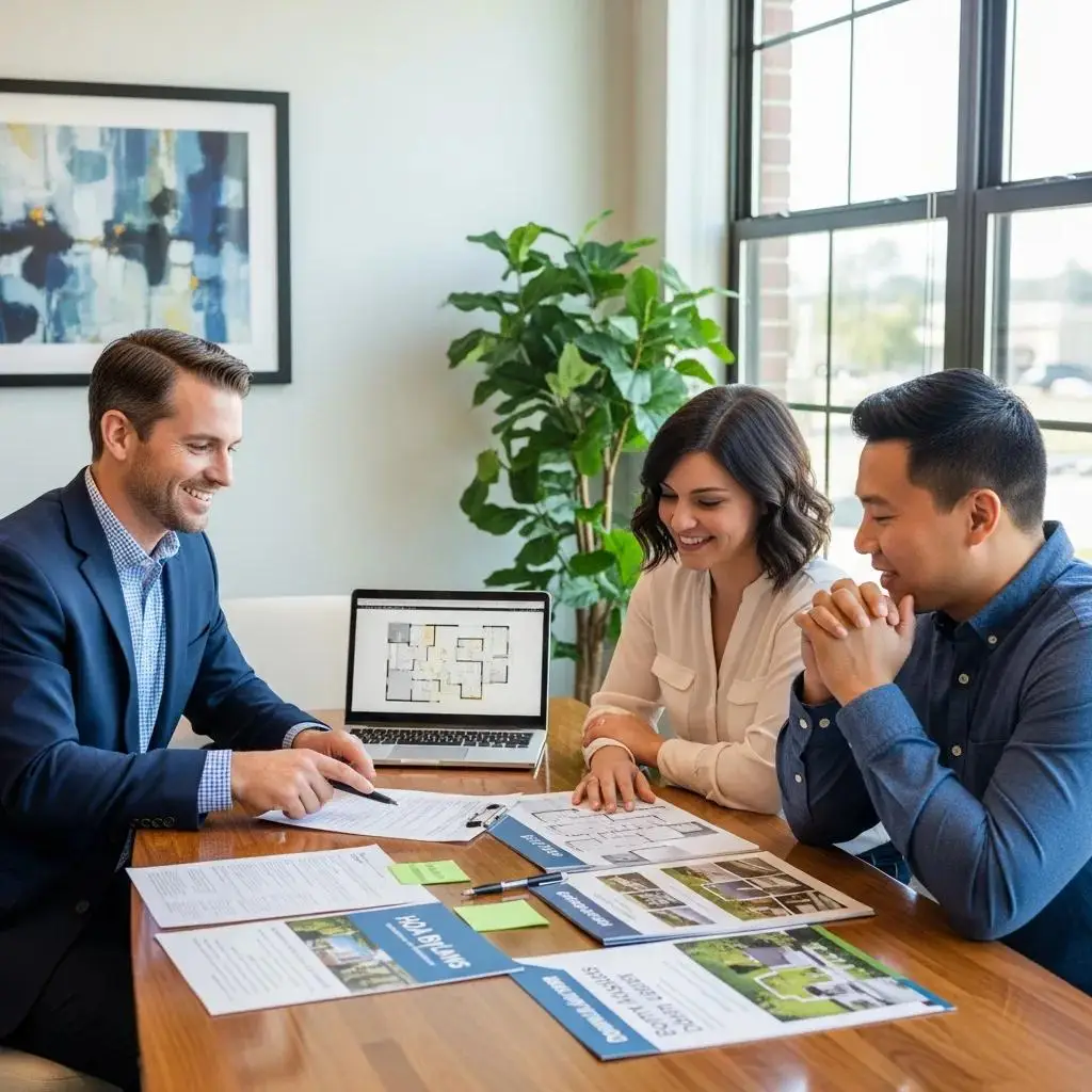 Agent and couple reviewing HOA rules in an office, discussing sale details