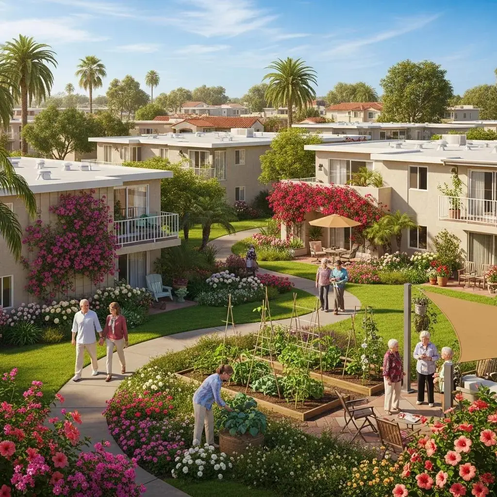 Senior community in Leisure World Seal Beach with co-ops and condos, showcasing active lifestyle and vibrant environment