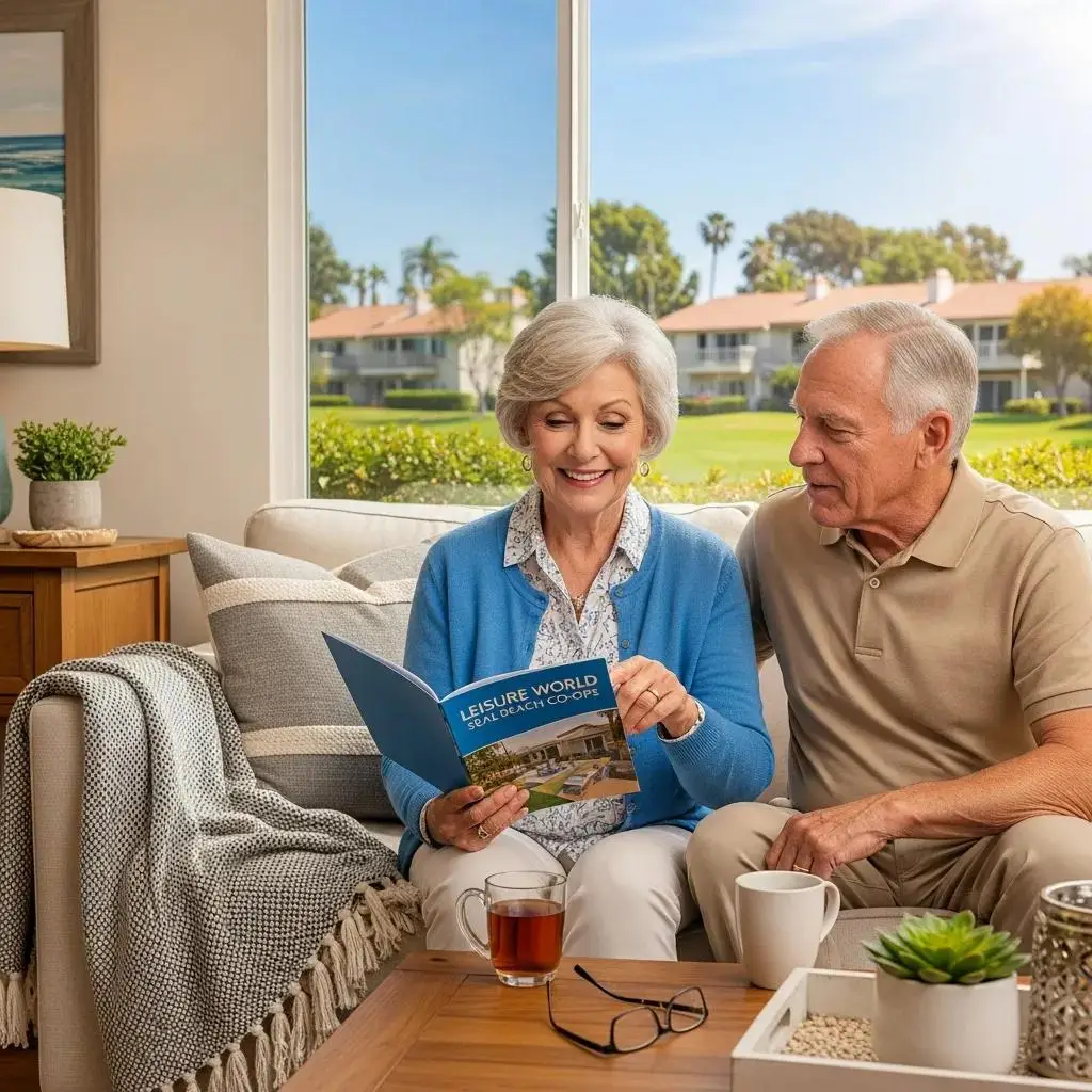 Senior couple discussing co-op purchase in a cozy living room with community view