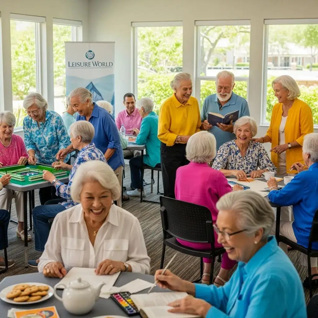 Residents participating in social activities and clubs inside Leisure World, showing connection and engagement