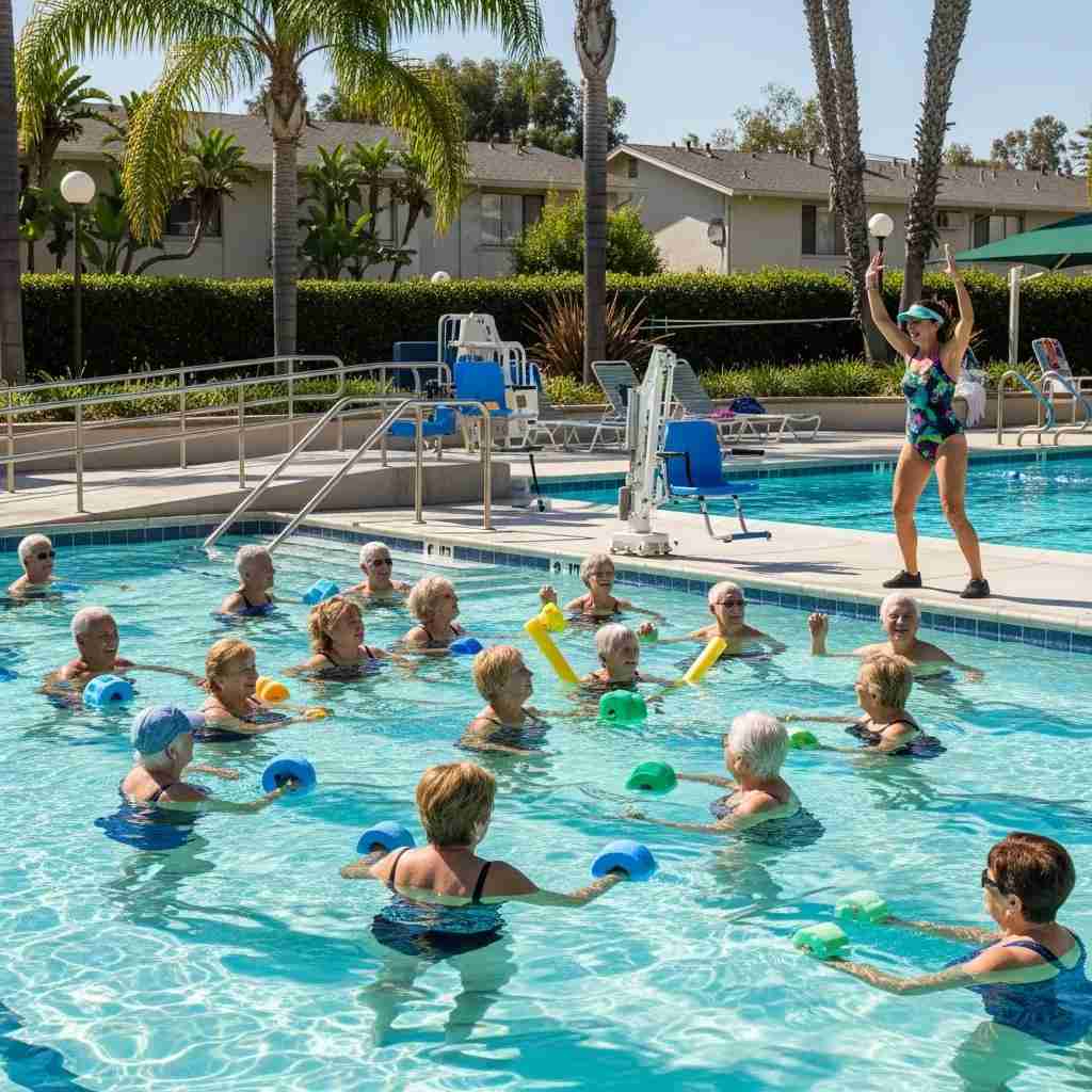 Seniors engaging in an aquatic fitness class at Leisure World Seal Beach, highlighting community wellness and accessibility