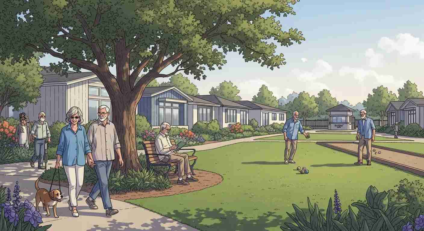 Leisure World Seal Beach illustration depicting 55+ community lifestyle and recreation.