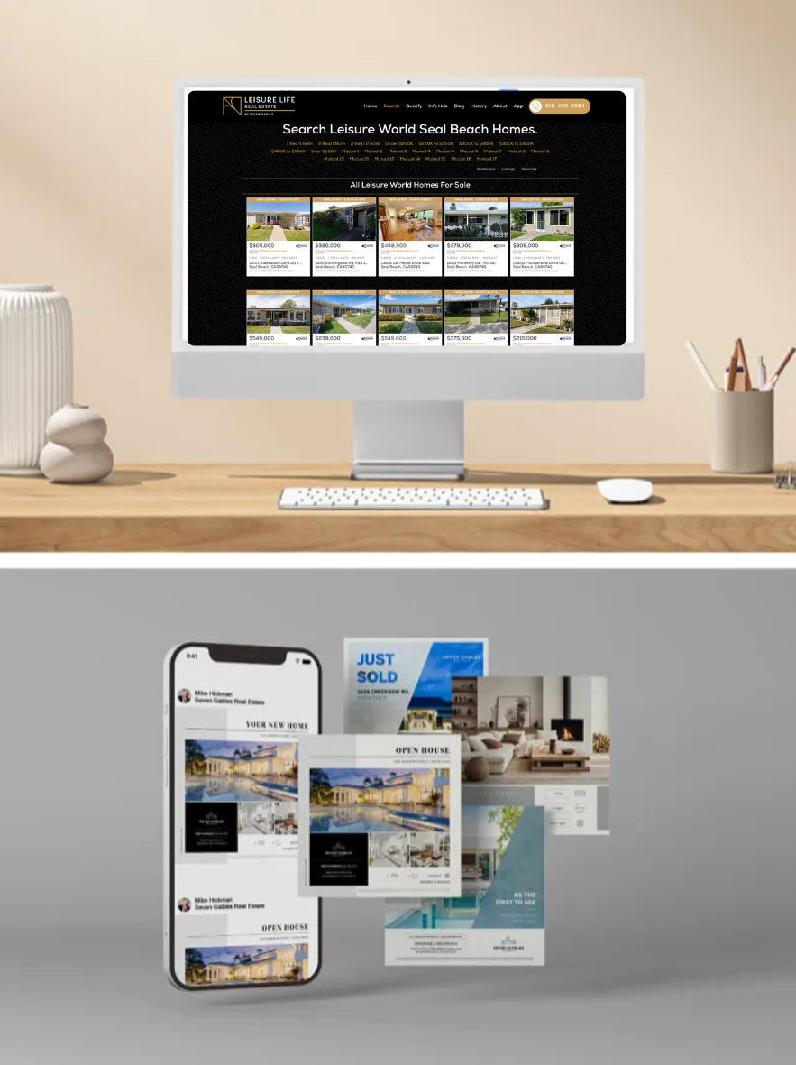 Leisure Living Resales marketing materials displayed on computer and mobile devices showcasing Seal Beach homes for sale.