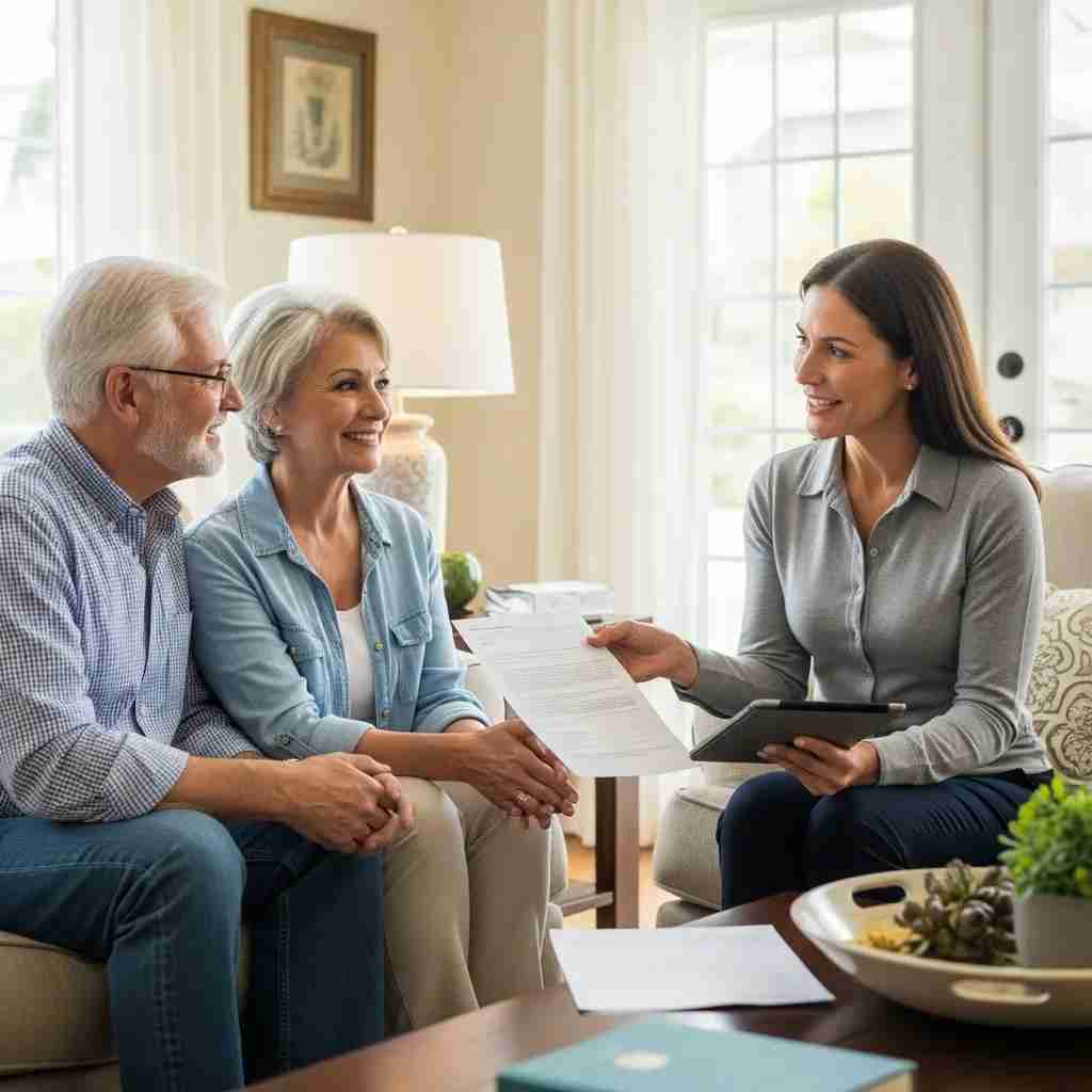 Couple discussing escrow process with real estate agent in cozy living room, focusing on seamless transactions for 55+ homes in Leisure World Seal Beach.