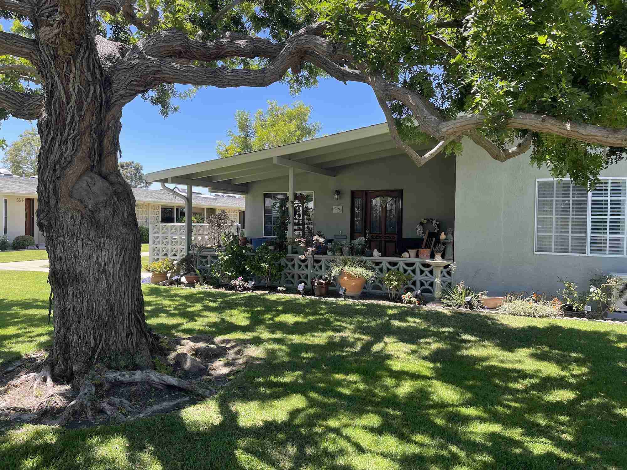 Leisure World home in Seal Beach with mature tree and landscaped front yard.