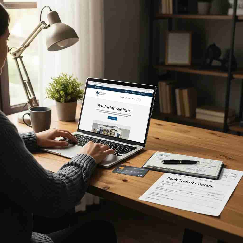 HOA fee payment portal on laptop, illustrating online payment options for Leisure World.