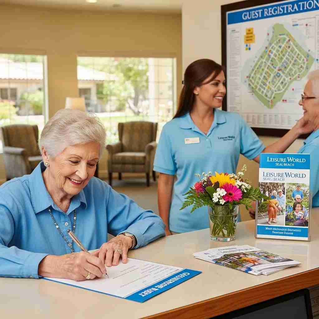 Resident completing guest registration form at Leisure World Seal Beach reception desk.