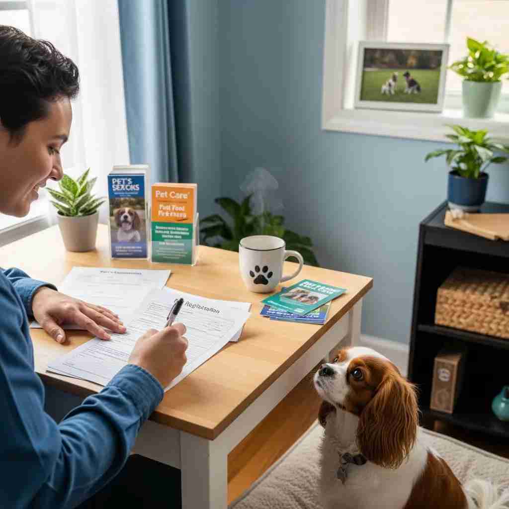 Resident completing pet registration forms at home, Leisure World Seal Beach pet policy documentation.