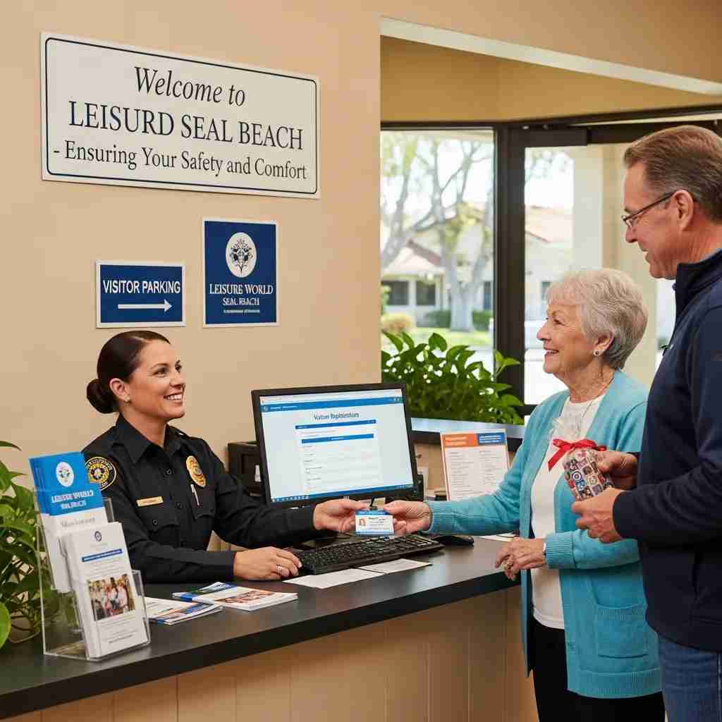 Security officer assisting residents at Leisure World Seal Beach entrance, providing visitor registration and ensuring safety and comfort.